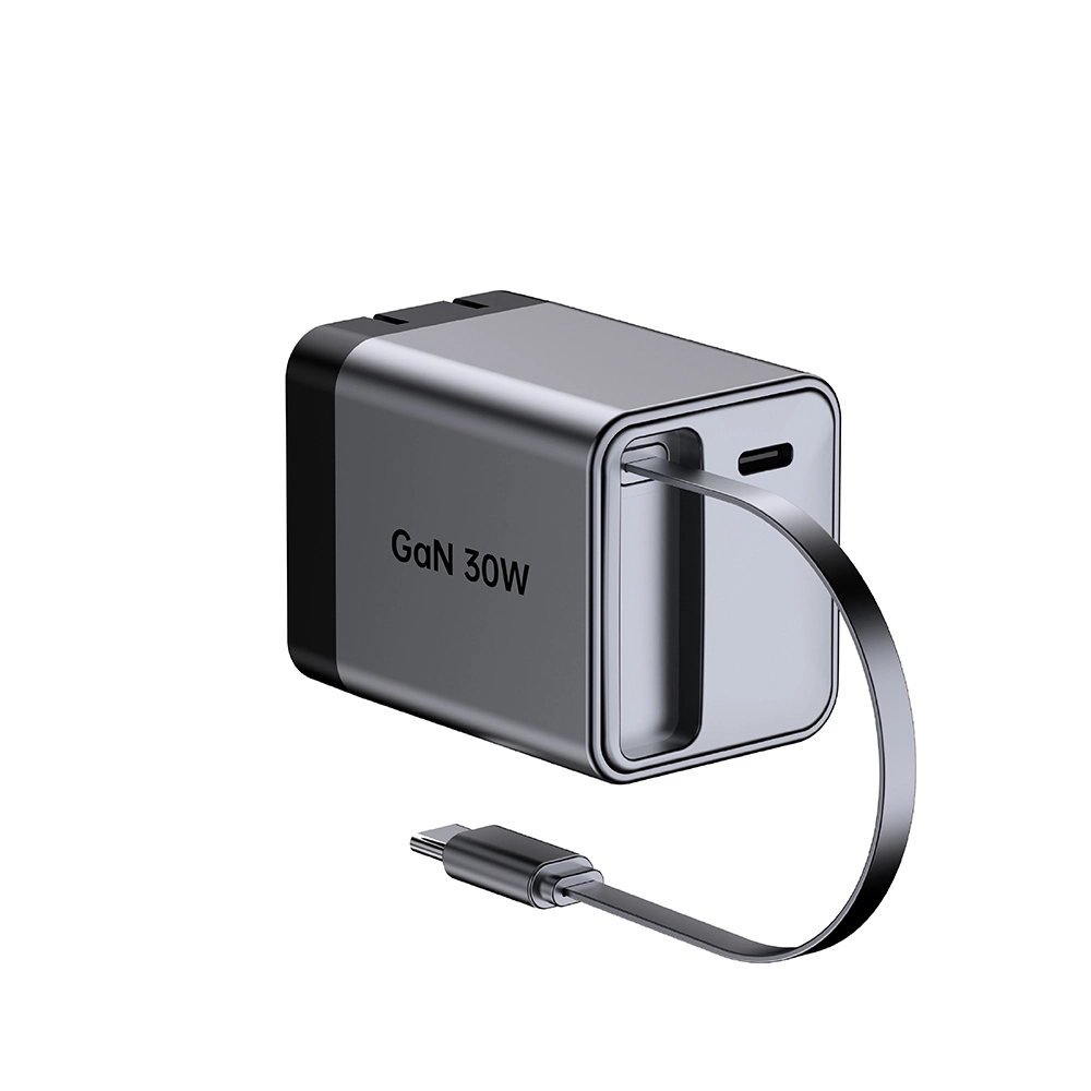 Caricabatterie rapido pieghevole con spina americana da 30 W con cavo USB C retrattile